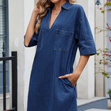 Elegant Loose-Fit V-Neck Midi Dress