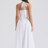 White Backless Halter Midi Dress
