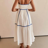 Contrast Color Trim Adjustable Straps Midi Dress