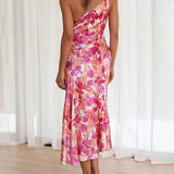 Pink Floral One Shoulder Ruched Satin Dress