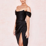 Cap Shoulder Corset Bodycon Midi Dress - Black