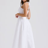 White Backless Halter Midi Dress