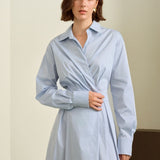 French Blue Belted Shirt Midi Dress