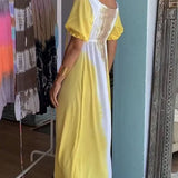 Yellow Tie Dye V-Neck Drawstring Maxi Dress