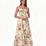 Cream Floral Corset Bustier Midi Dress