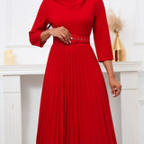Elegant Solid Color Pleated Dress with Belt