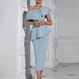Blue Ruffled Off-Shoulder Dress