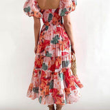 Floral Printed Smocked Tiered Fit Flare Midi Dress
