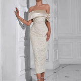 Strapless Back-Slit Jacquard Evening Gown