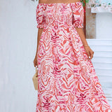 Smocked Print Off The Shoulder Midi Dress