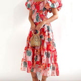 Floral Printed Smocked Tiered Fit Flare Midi Dress