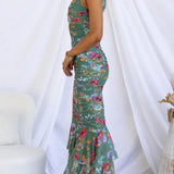 Sweetheart Neck Strap Printed Pleated Mesh Maxi Dress