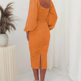 Mesh Pleated Long-Sleeve Midi Dress