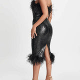 Black Sophia Bandeau Sequin Midi Dress With Feather Trim