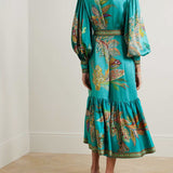 Collared Vintage Print Lantern Sleeve Dress
