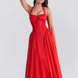 Red Backless Halter Midi Dress
