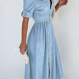 Collar Buttoned Slim Fit Denim Dress