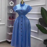 Striped Shirt-Collar Button Midi Dress