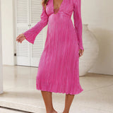 Mountain Vistas Draped Pleated Bell-Sleeve Midi Dress