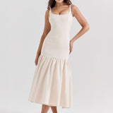 Vintage Low-Waist Midi Dress - Cream Beige
