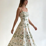 Green Botanical Print Smocked Midi Dress