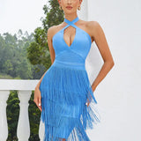 Halter Blue Fringe Bandage Dress