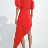 Puff Sleeves Asymmetric Midi Dress