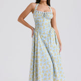 Soft Blue Vintage Floral Print Backless Tank Dress