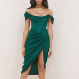 Cap Shoulder Corset Bodycon Midi Dress - Dark Green