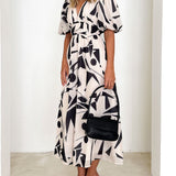 Sakura Midi Dress - Beige Geo