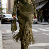 Olive Camo Knit V-Neck Fringe Hem Midi Dress