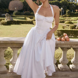 White Backless Halter Midi Dress