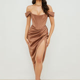 Cap Shoulder Corset Bodycon Midi Dress - Toffee Brown
