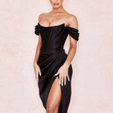 Cap Shoulder Corset Bodycon Midi Dress - Black