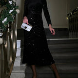 Sequin Decorated Velvet Midi Dress In Black