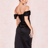 Cap Shoulder Corset Bodycon Midi Dress - Black