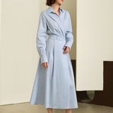 French Blue Belted Shirt Midi Dress