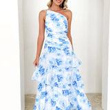 One-Shoulder Strappy Floral Print Dress