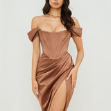 Cap Shoulder Corset Bodycon Midi Dress - Toffee Brown