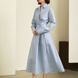 French Blue Belted Shirt Midi Dress