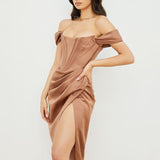 Cap Shoulder Corset Bodycon Midi Dress - Toffee Brown