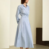 French Blue Belted Shirt Midi Dress