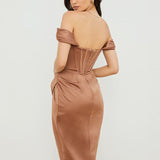 Cap Shoulder Corset Bodycon Midi Dress - Toffee Brown