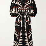 Unique Coconut Jungle Print Puff Sleeve Long Midi Dress