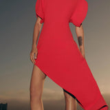 Puff Sleeves Asymmetric Midi Dress