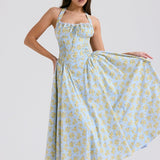 Soft Blue Vintage Floral Print Backless Tank Dress