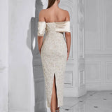 Strapless Back-Slit Jacquard Evening Gown