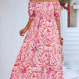 Smocked Print Off The Shoulder Midi Dress