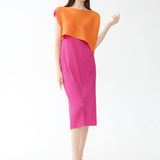 Round Neck Pleated Color Block Midi Dress