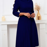 Elegant Solid Color Pleated Dress with Belt